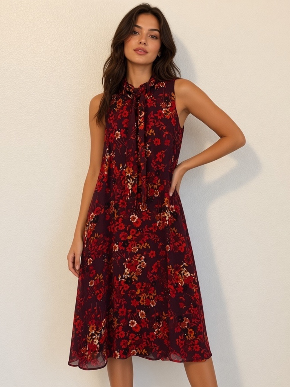 Calvin Klein Burgundy Floral Tie-Neck Midi Dress